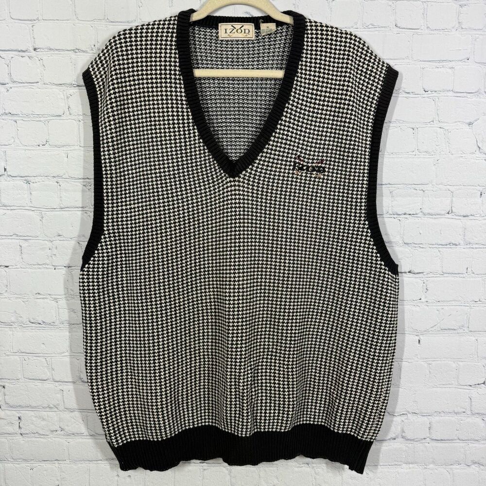 Vintage Izod Golf Vest Mens XL Black Plaid Sleeveless V Neck Pullover Outdoor